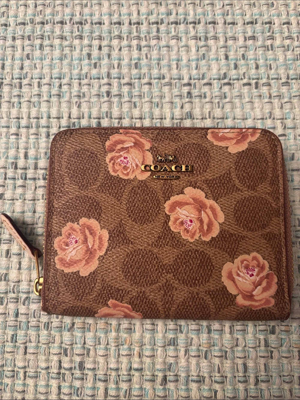 Coach signature tan with pink roses small wallet